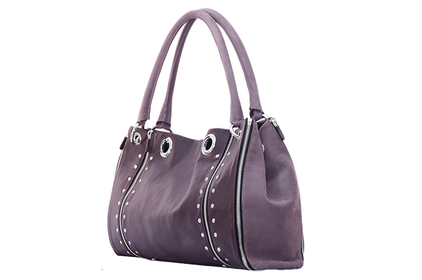 sac cuir clous chocolat framboise cravate 