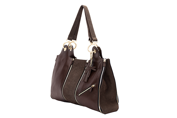 sac cuir chocolat  nubuck poche zip grand modele trois quart